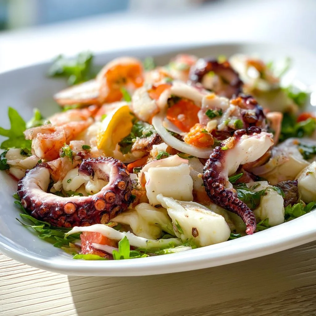 Colorful seafood salad with shrimp, crab, and fresh vegetables served in a bowl.