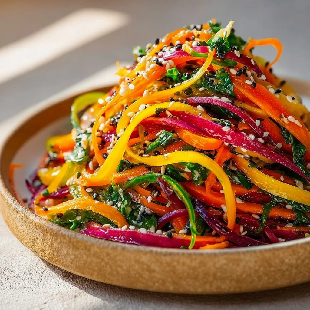 Shaved rainbow carrot salad with sesame dressing in a colorful bowl.