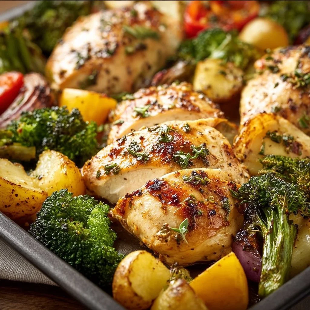 Sheet pan with garlic butter chicken and colorful vegetables ready to serve.