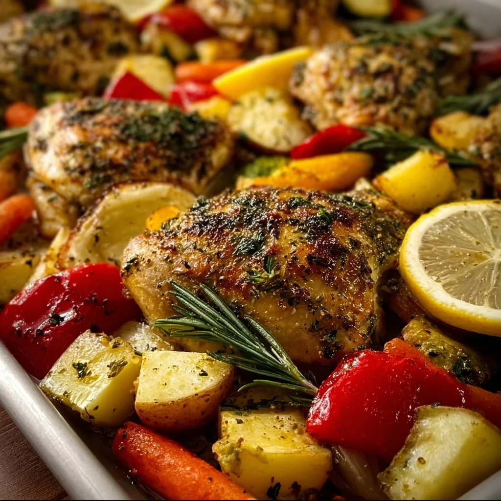 Sheet pan meal featuring lemon herb chicken and colorful vegetables