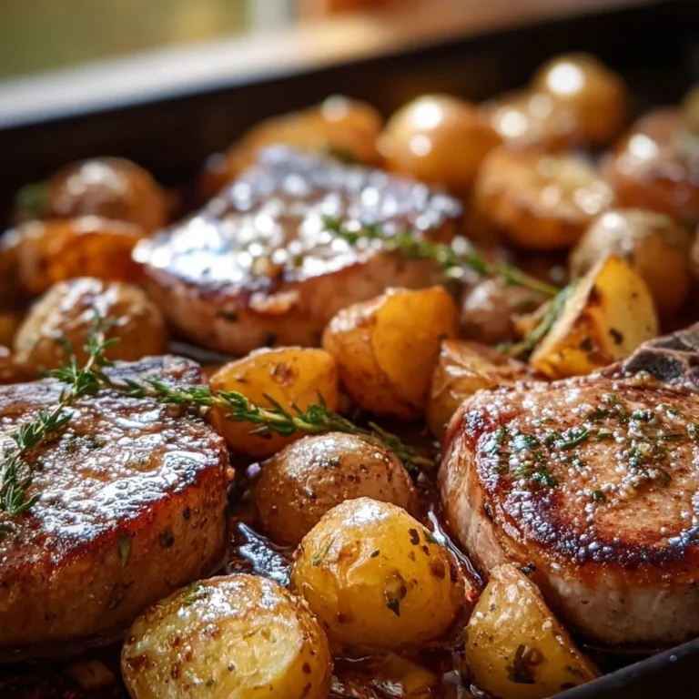 Delicious sheet pan pork chops with roasted potatoes ready to serve