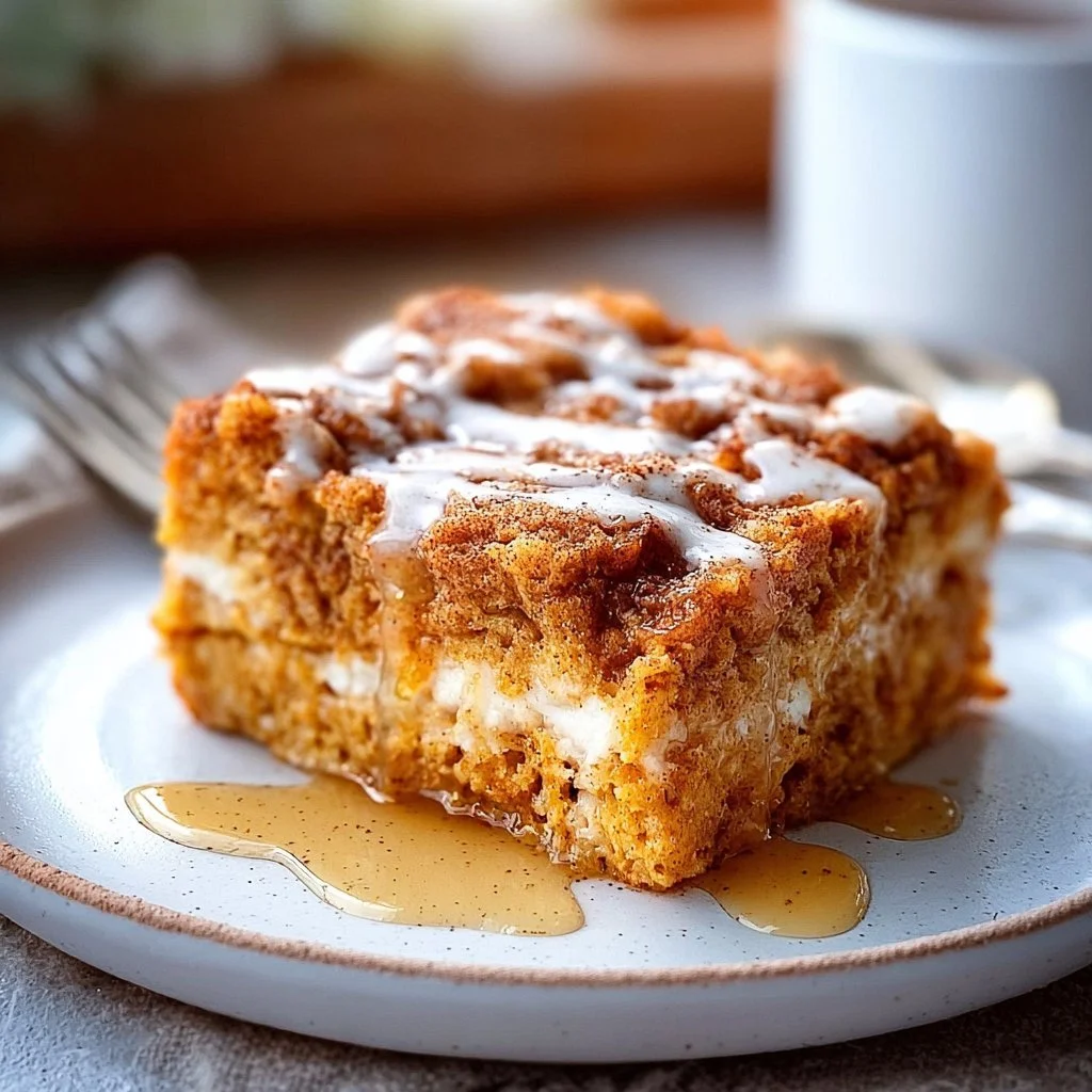 Gluten-free pumpkin French toast casserole topped with maple syrup