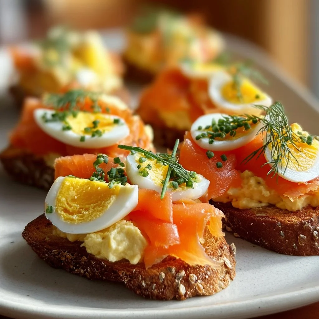 Smoked salmon crostini garnished with egg-cheddar mousse on a serving platter.