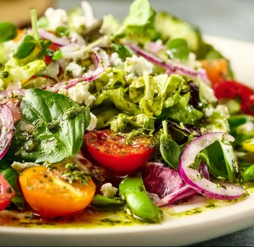 Fresh Spring Green Salad tossed with Lemon Basil Vinaigrette
