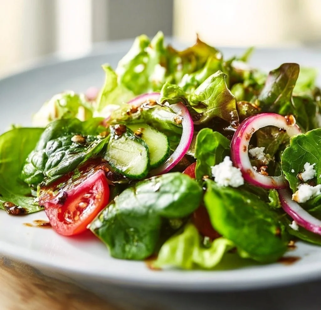 Fresh and colorful spring mix salad with various greens and vegetables
