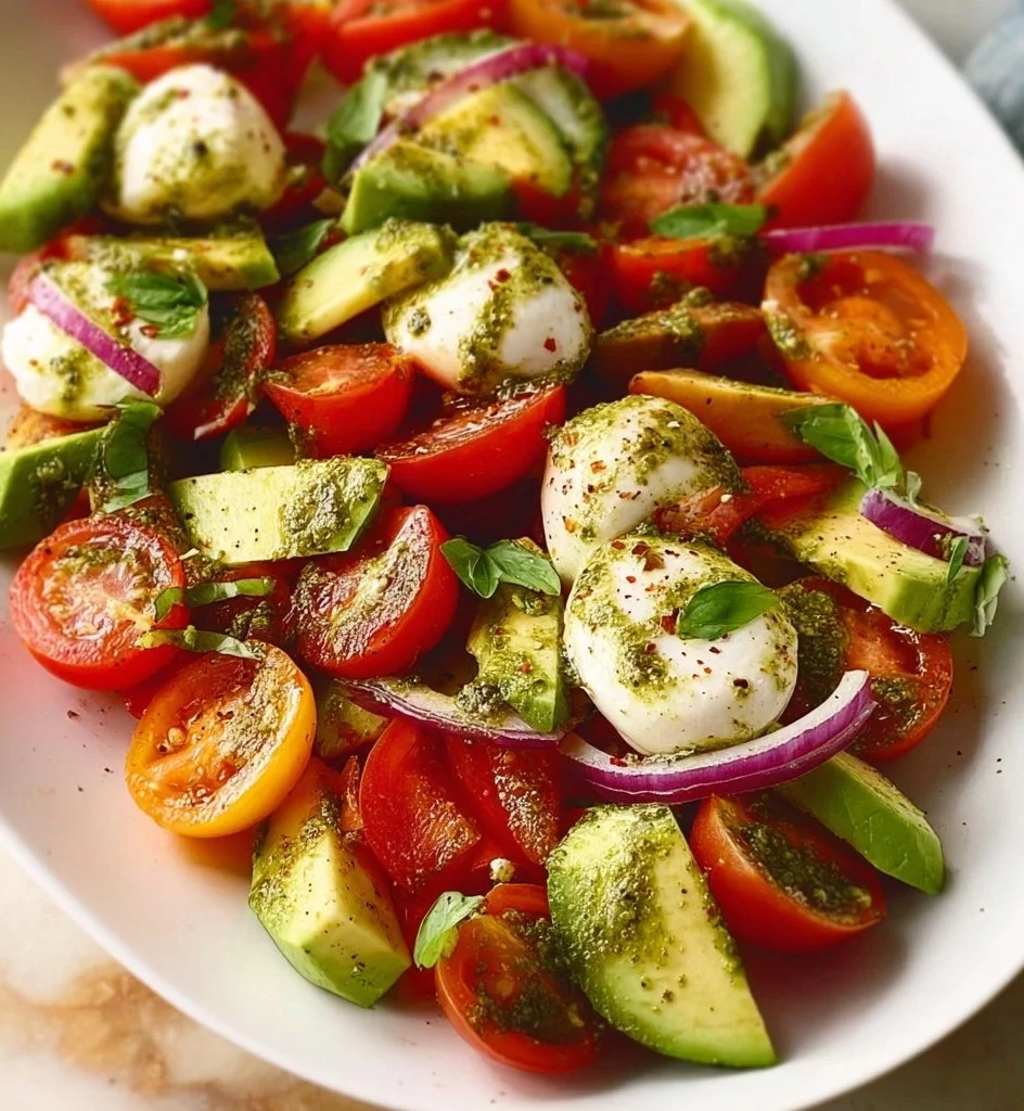 Fresh Tomato Cucumber Salad with avocado, mozzarella, and basil pesto ingredients.