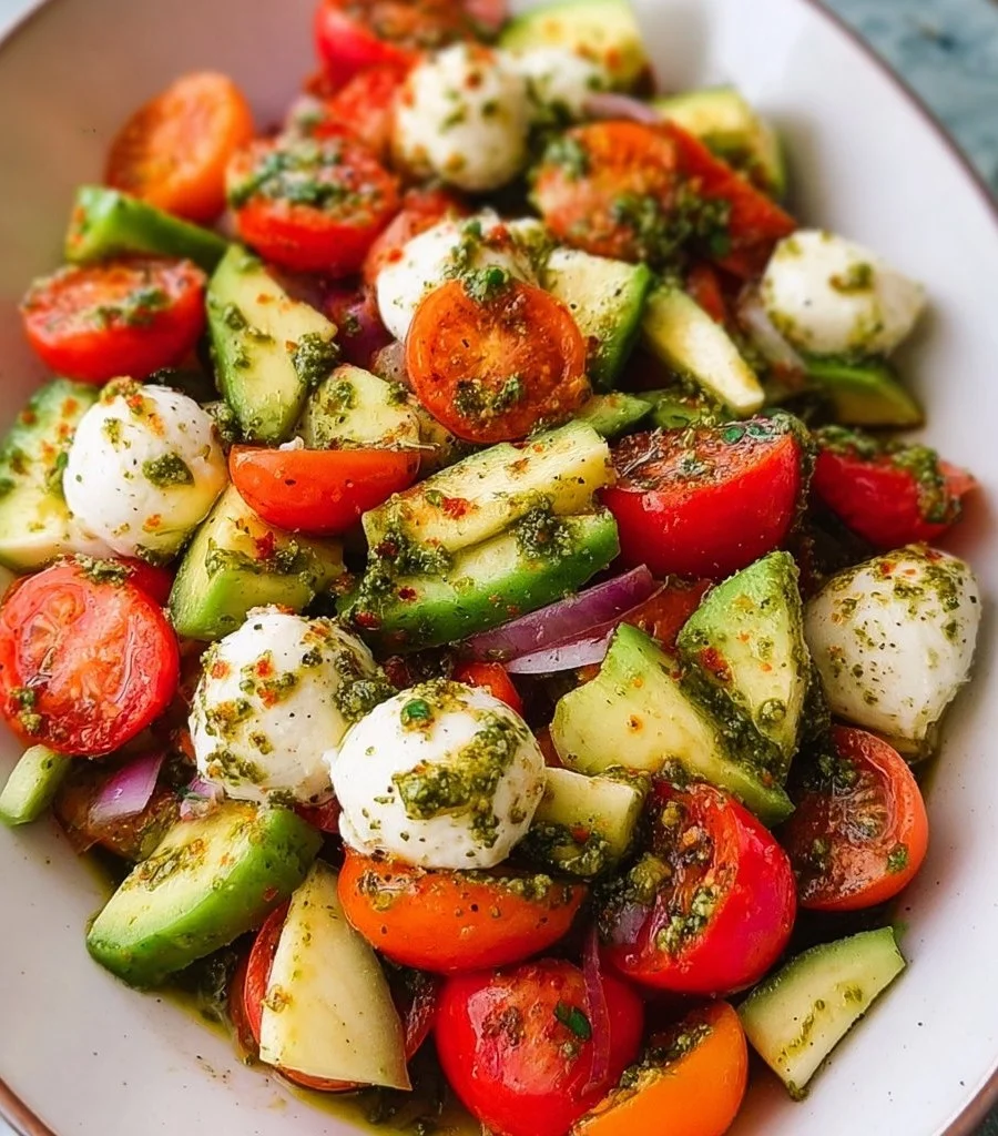 Spring Salad: Tomato Cucumber Salad with Avocado, Mozzarella, and Basil Pesto