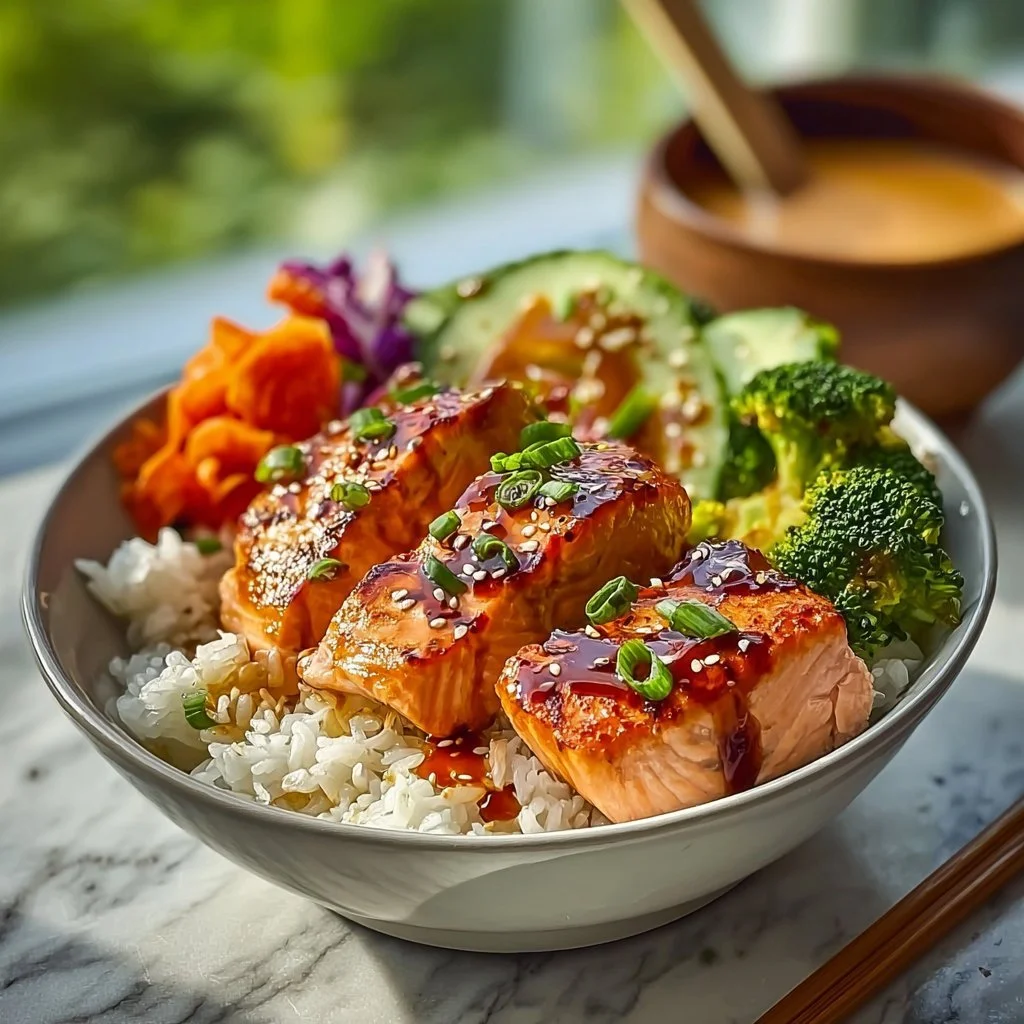 Sriracha Honey Salmon Bowl with colorful vegetables and rice