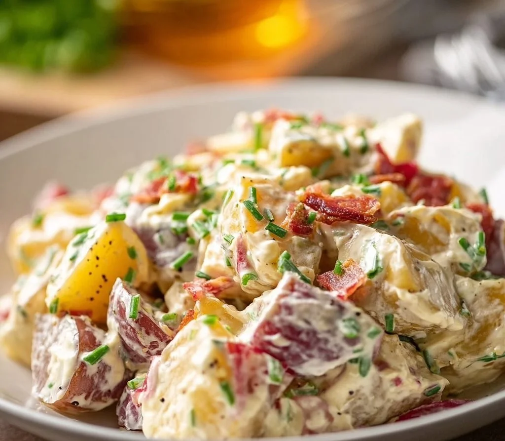 Delicious steakhouse potato salad served in a bowl with fresh herbs.