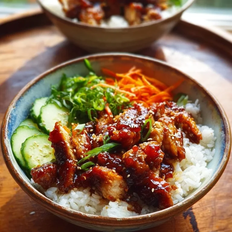 Delicious sticky chicken rice bowls with colorful vegetables and herbs