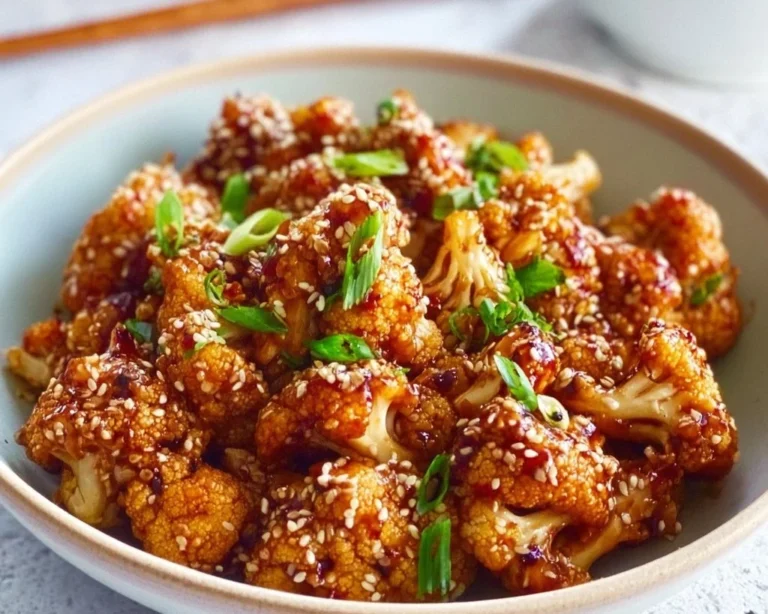 Plate of sticky sesame cauliflower garnished with sesame seeds and scallions