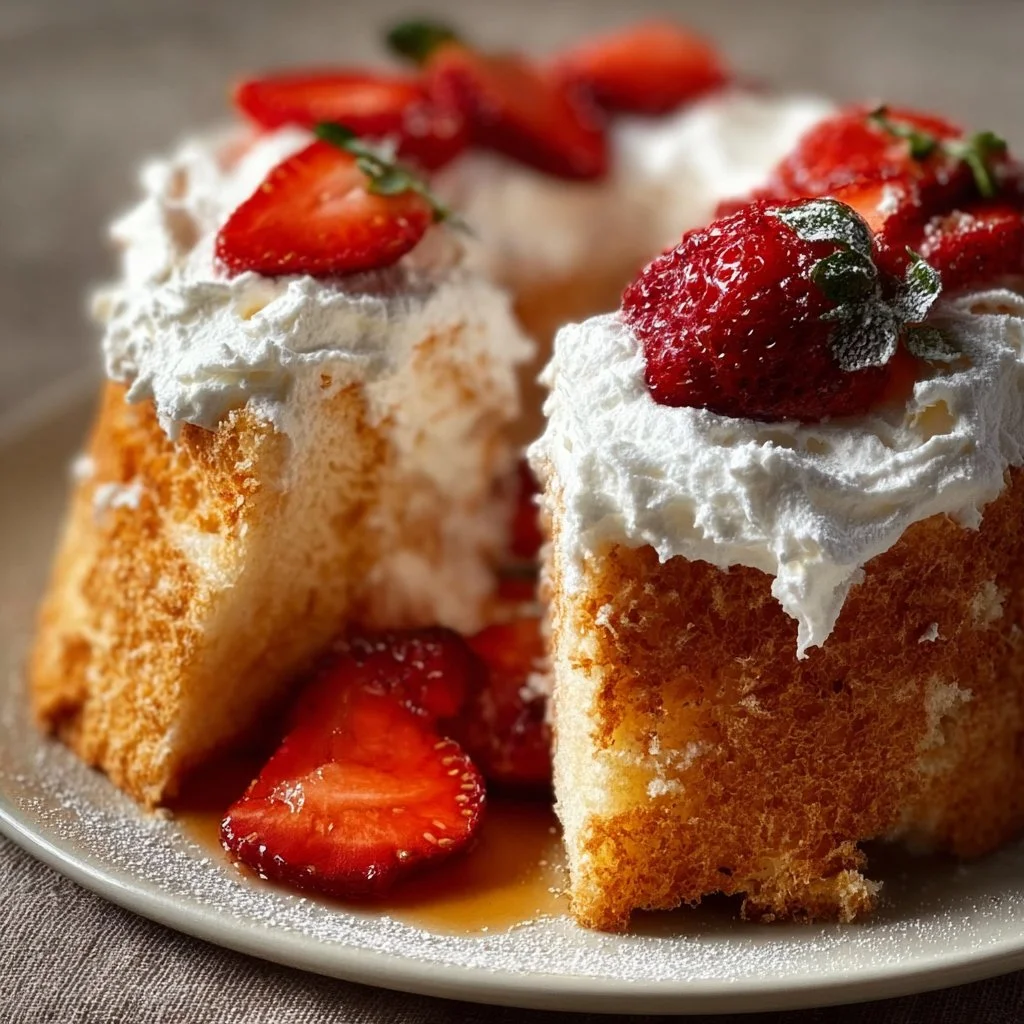 Delicious strawberry angel food cake topped with fresh berries and whipped cream