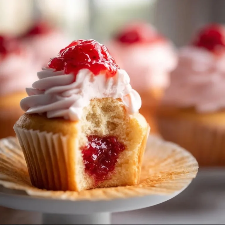 Delicious homemade strawberry jam cupcakes topped with fresh strawberries.