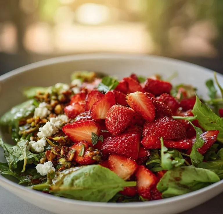 Colorful strawberry salad with fresh greens and berries in a bowl
