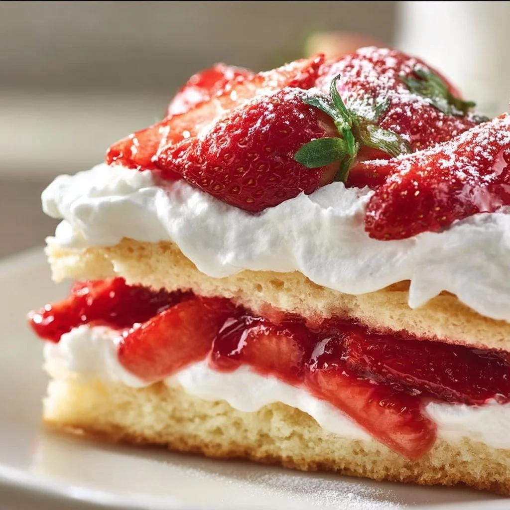 Delicious strawberry shortcake with fresh strawberries and whipped cream