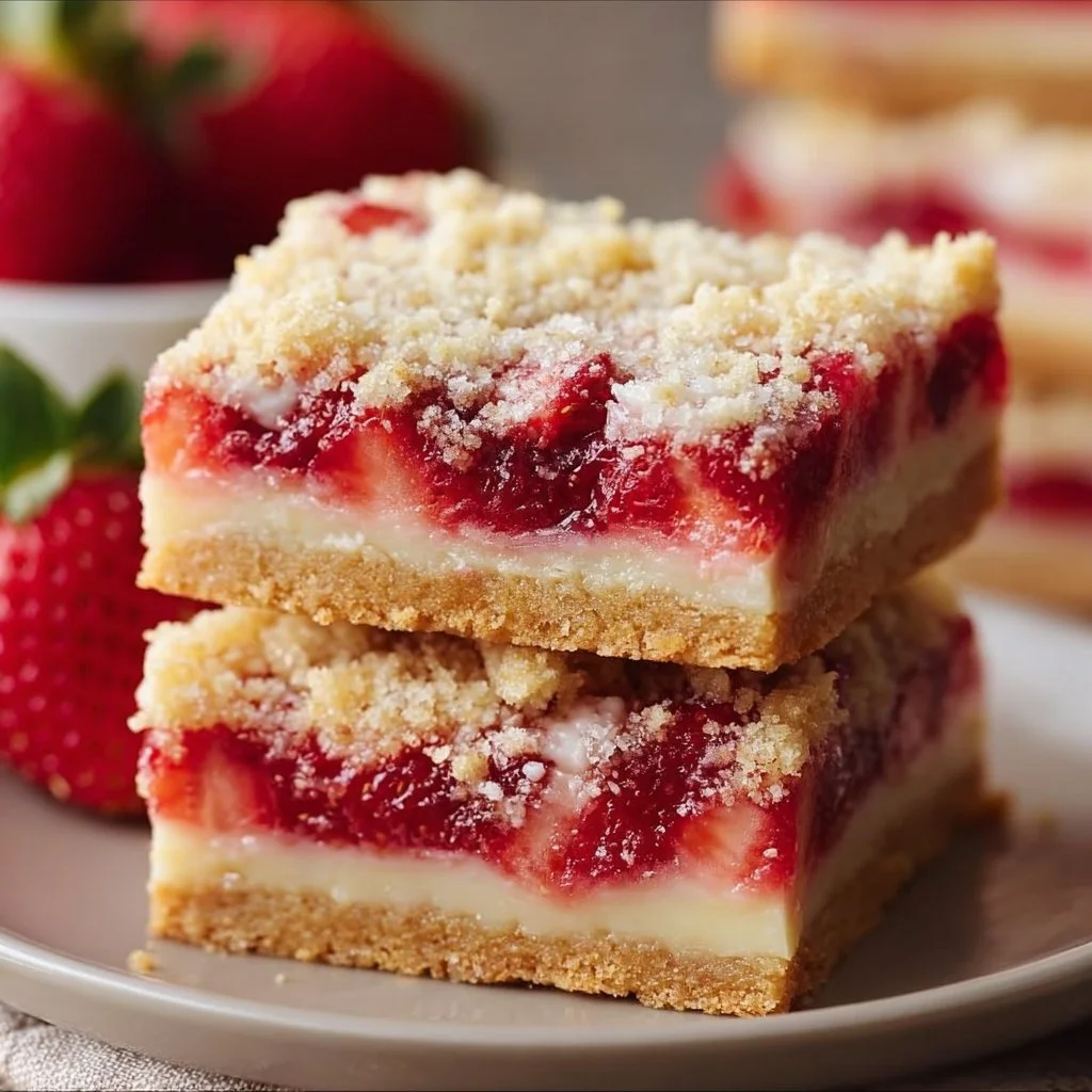Homemade Strawberry Shortcake Bars served on a plate, topped with fresh strawberries and whipped cream.