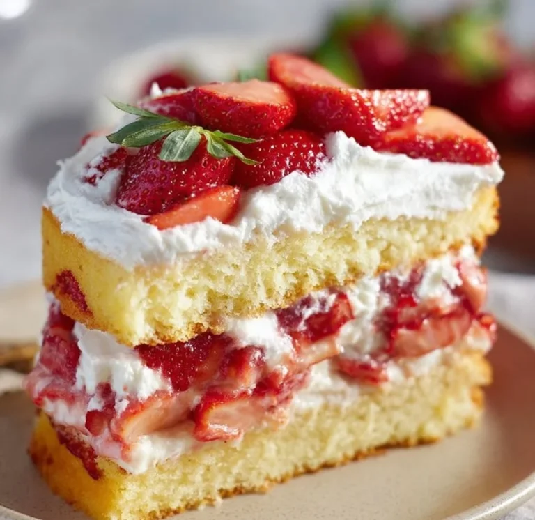 Decadent Strawberry Shortcake Cake topped with fresh strawberries and whipped cream.