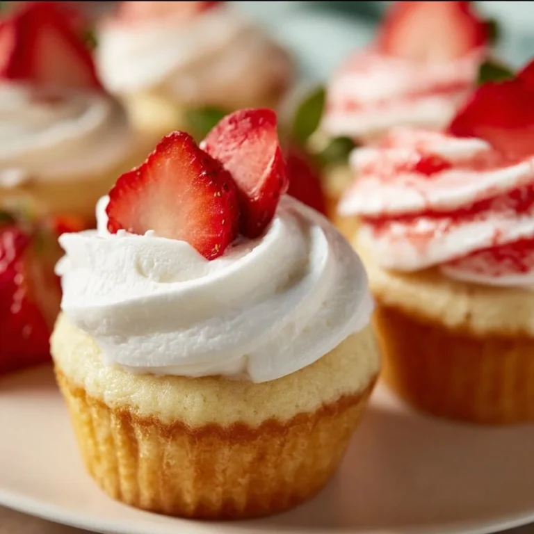 Delicious strawberry shortcake cupcakes topped with fresh strawberries and cream