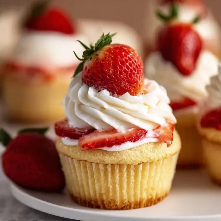 Strawberry Shortcake Cupcakes topped with fresh strawberries and whipped cream