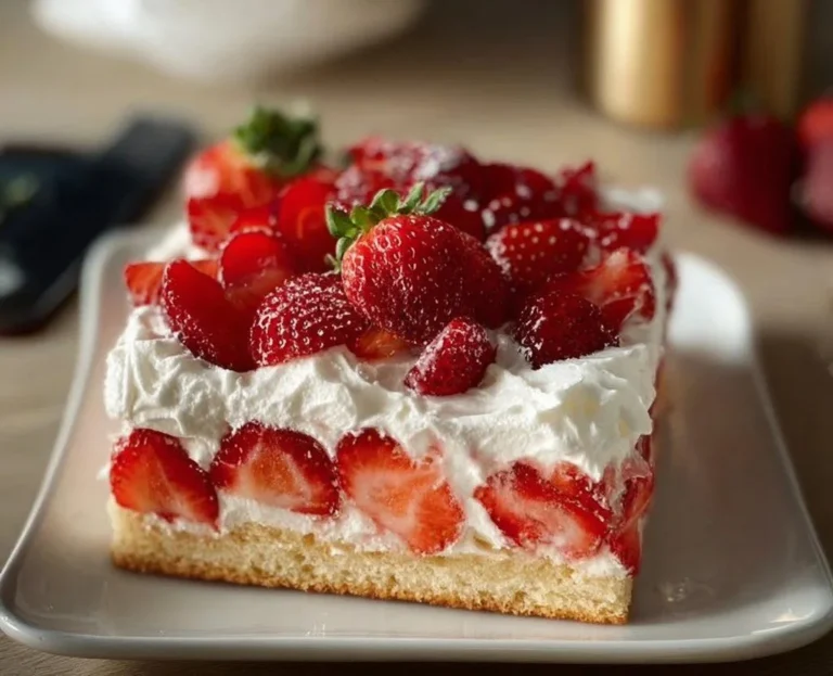 Delicious Strawberry Shortcake Sheet Cake with fresh strawberries