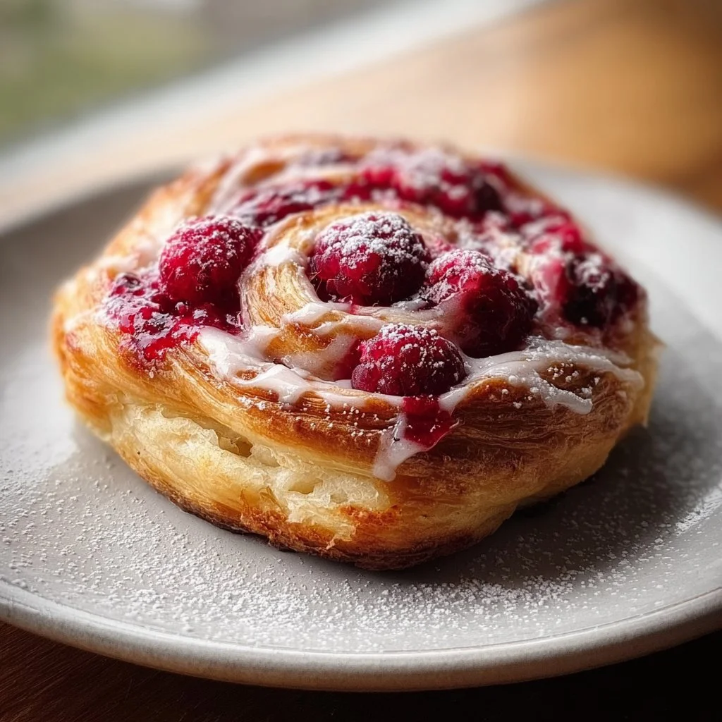 Freshly baked Raspberry Danish Bun with raspberry filling