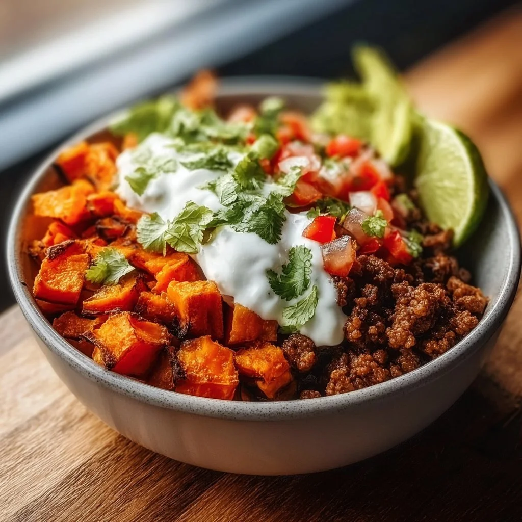 Colorful sweet potato taco bowl topped with fresh vegetables and avocado