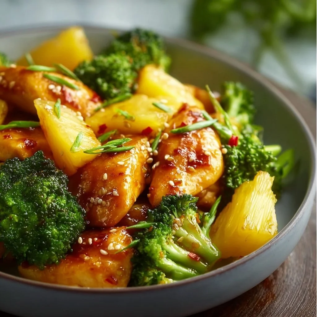 Sweet Sheet Pan Pineapple Chicken with Broccoli on a serving platter