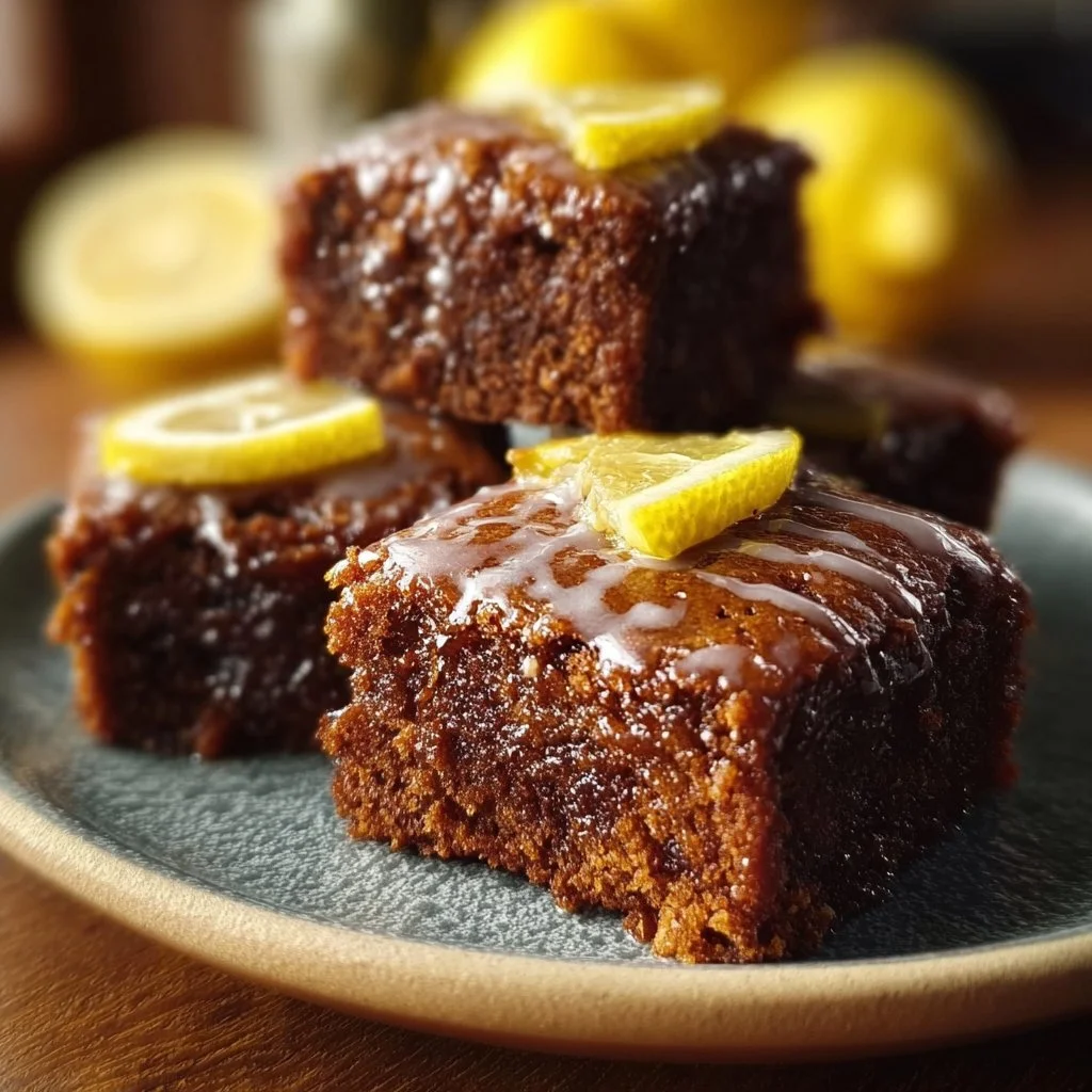 Delicious tangy glazed baked lemon brownies on a plate