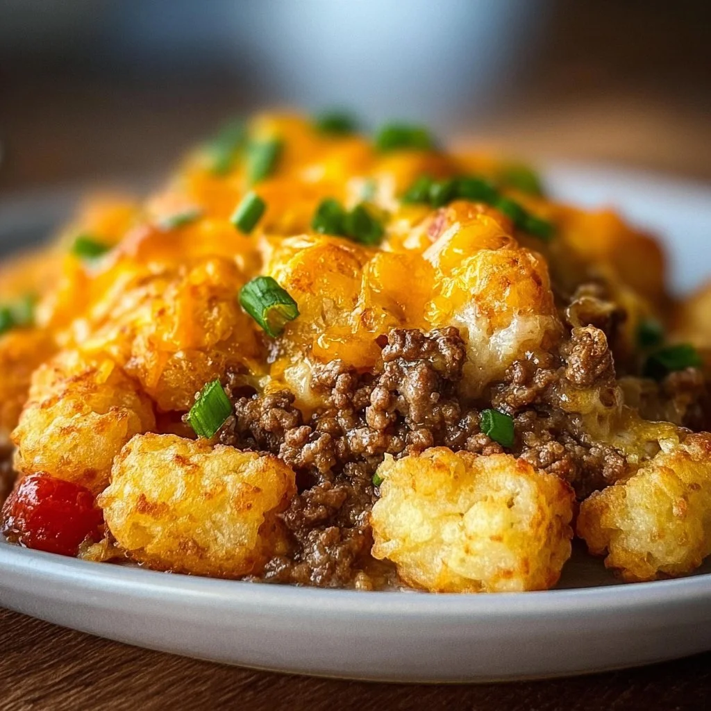 Delicious Tater Tot Casserole with Ground Beef served in a baking dish
