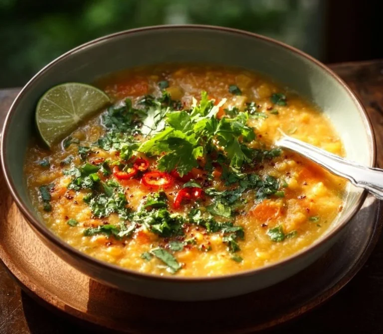 Bowl of Thai Coconut Red Lentil Soup with vibrant ingredients and spices