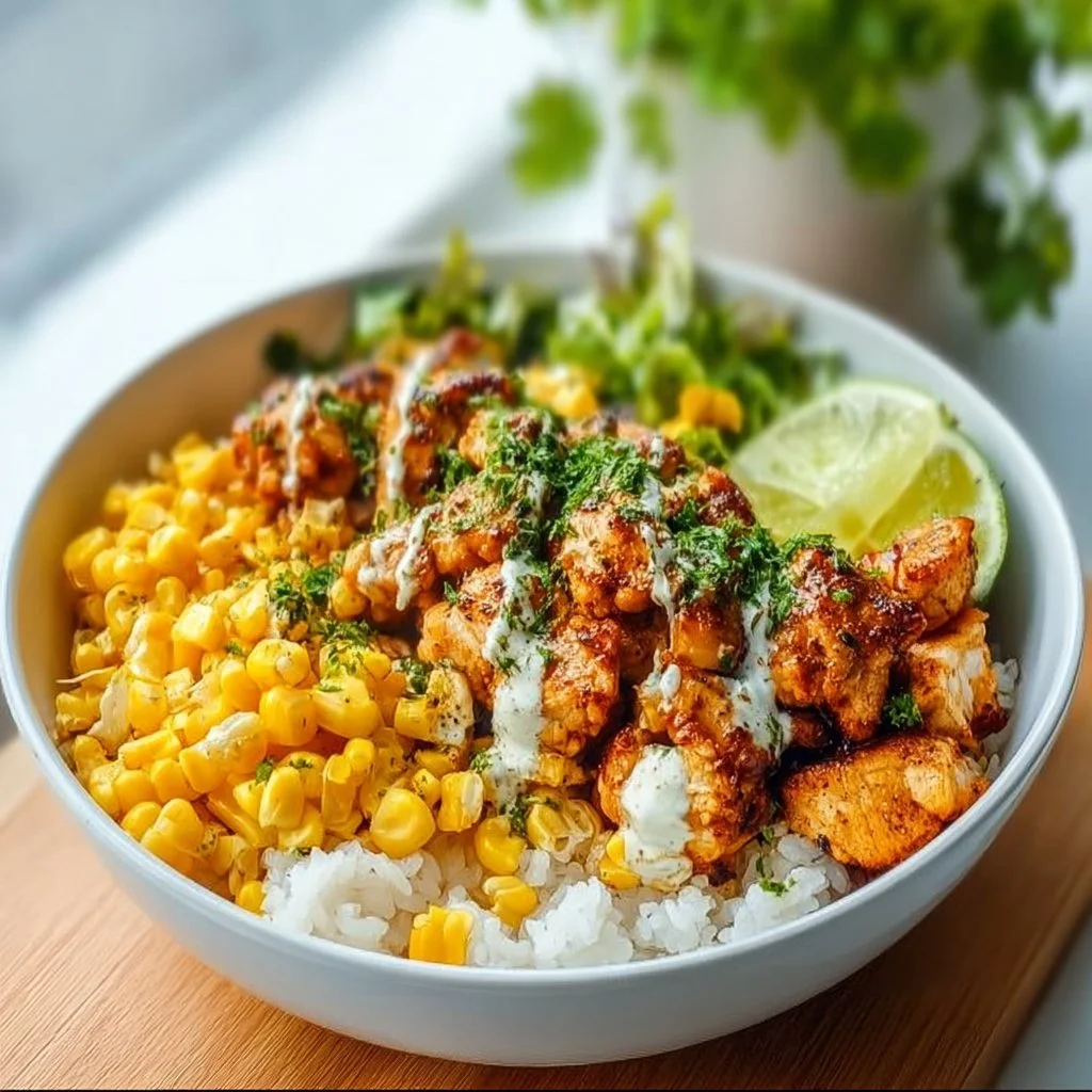 Street corn chicken rice bowl topped with fresh ingredients and vibrant flavors
