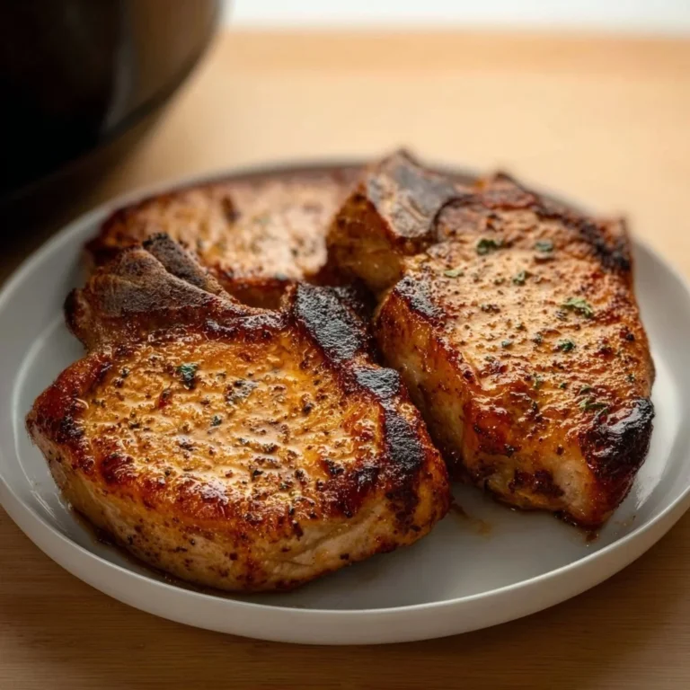 Juicy air fryer pork chops served with vegetables on a plate