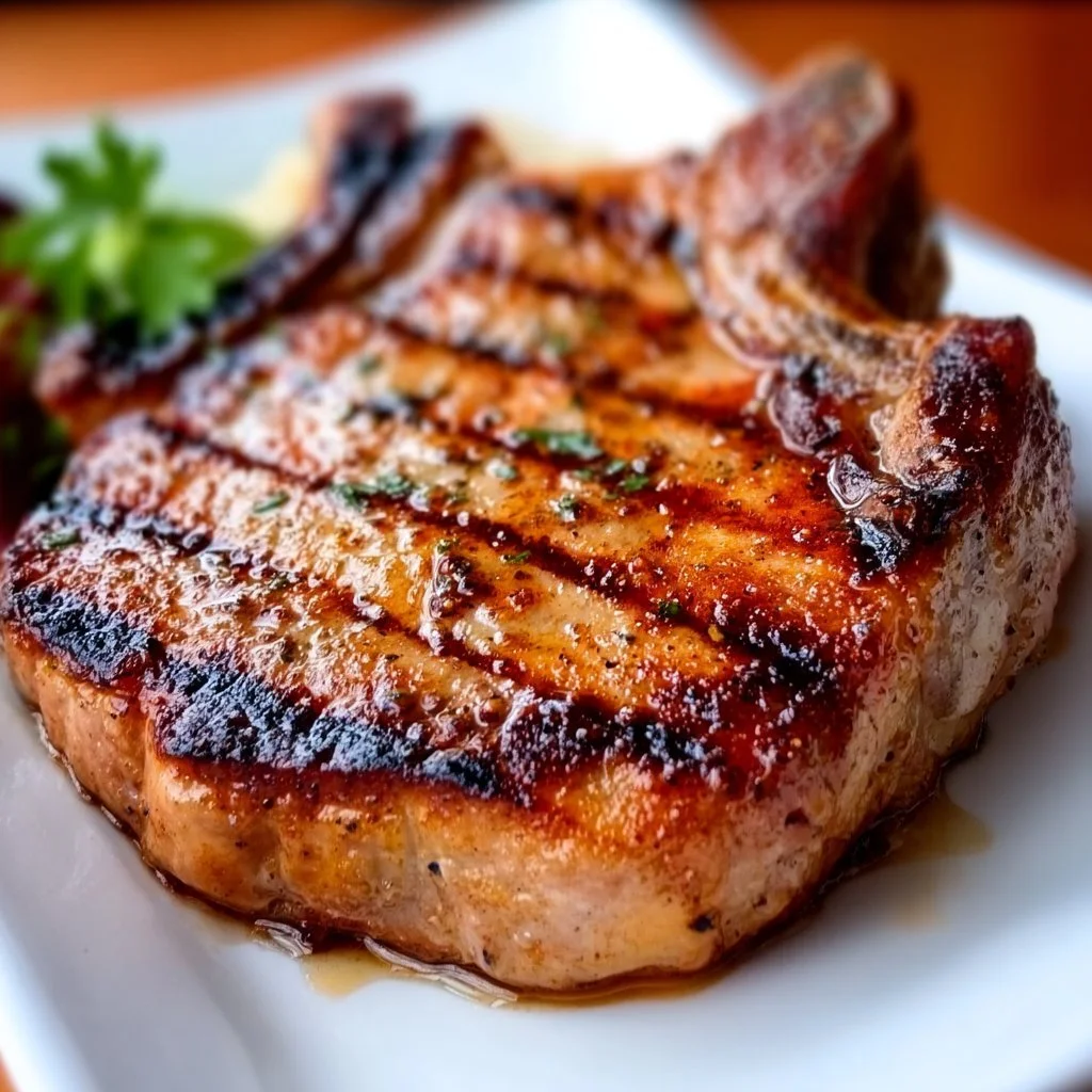 Deliciously juicy grilled pork chops sizzling on the grill