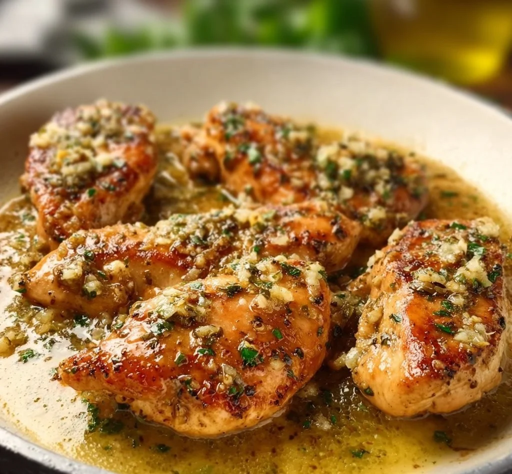 Delicious garlic butter chicken served on a plate with herbs and spices