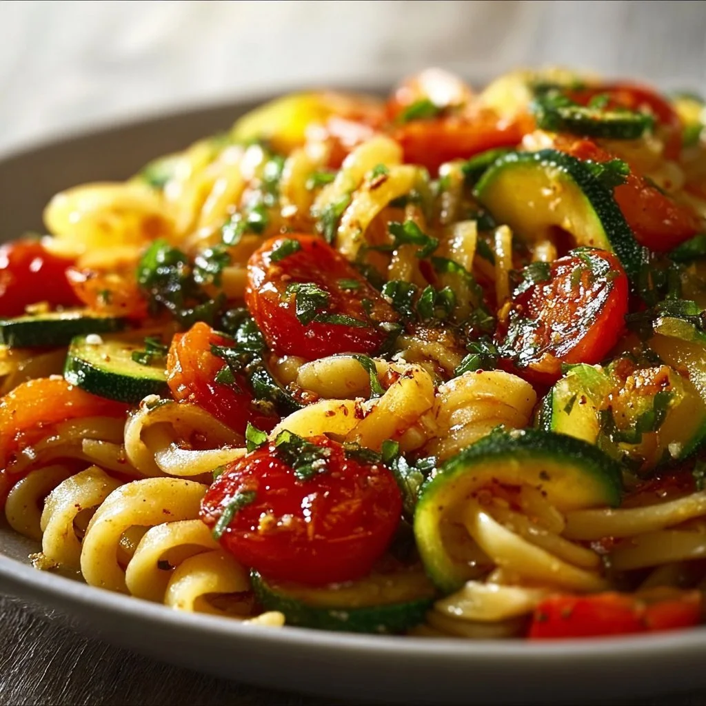 Delicious Tomato Zucchini Pasta with vibrant veggies and pasta served in a bowl