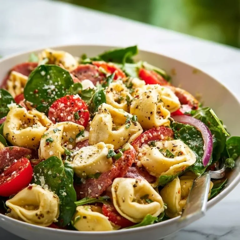 Colorful Tortellini Pasta Salad with vegetables and dressing