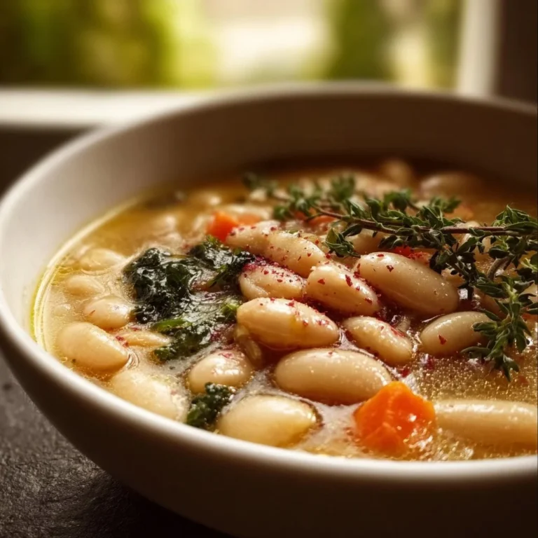 Delicious bowl of Tuscan white bean soup with herbs and vegetables