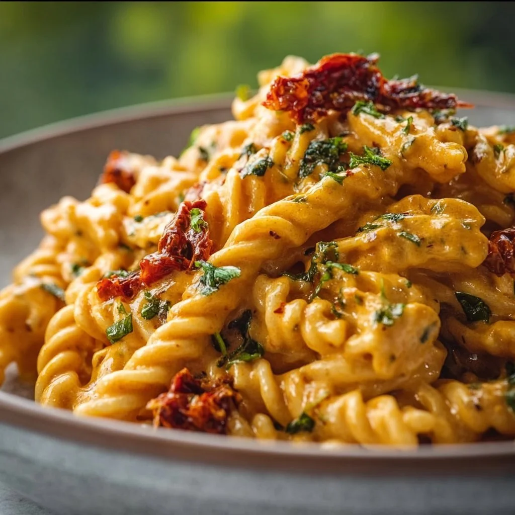 Vegan creamy sun-dried tomato pasta served in a bowl