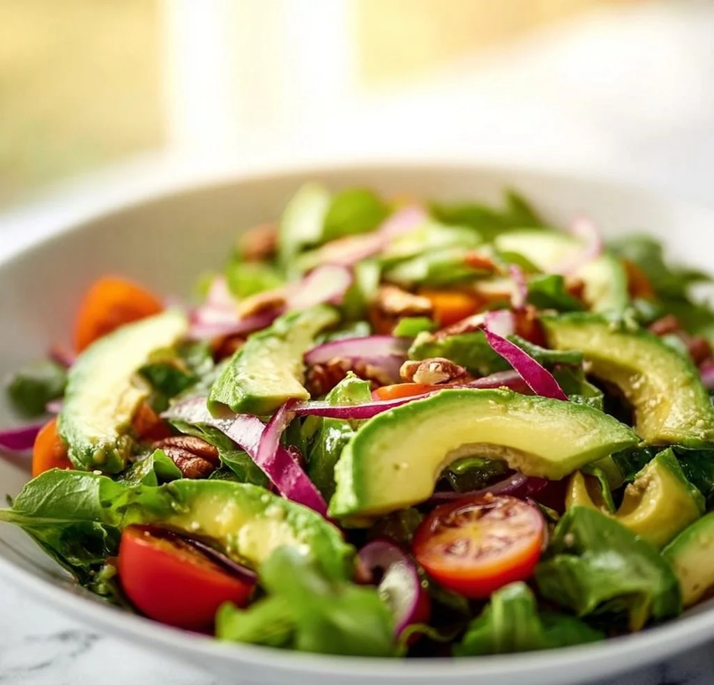 Vibrant spring salad with avocado and fresh greens on a plate