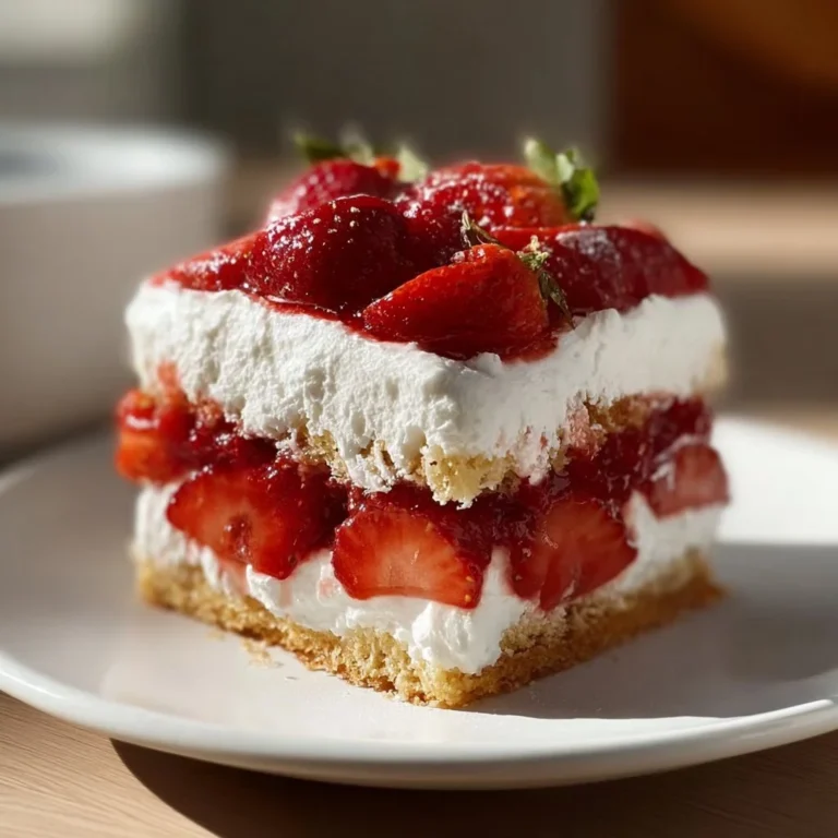 No-bake strawberry shortcake served on a plate with fresh strawberries