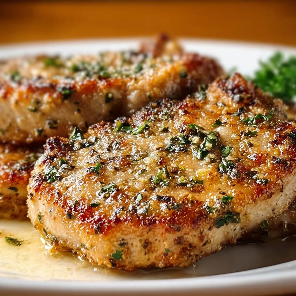 Baked Garlic Parmesan Pork Chops on a plate garnished with herbs