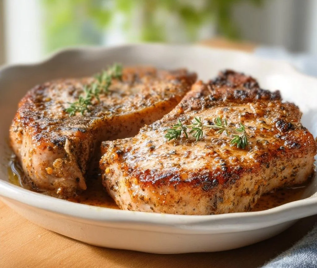 Delicious baked pork chops served with sides on a plate.