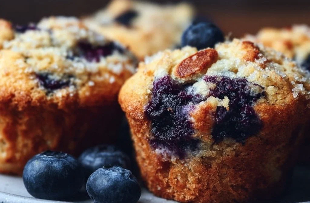 Delicious blueberry lemon muffins made with almond flour on a wooden table