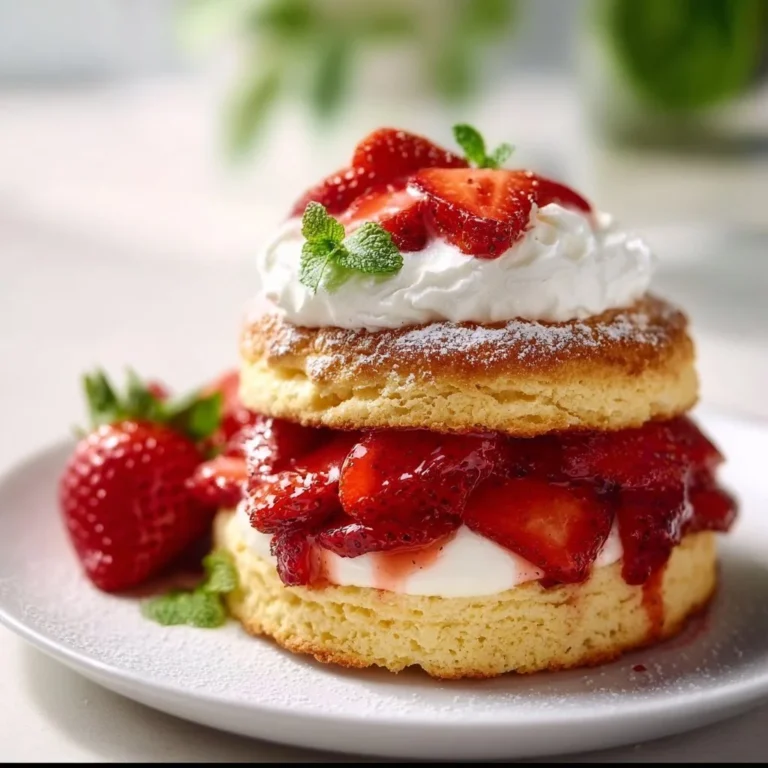 Classic strawberry shortcake with fresh strawberries and whipped cream on top.