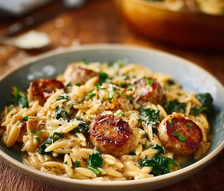 Creamy chicken sausage orzo dish served in a bowl with fresh herbs