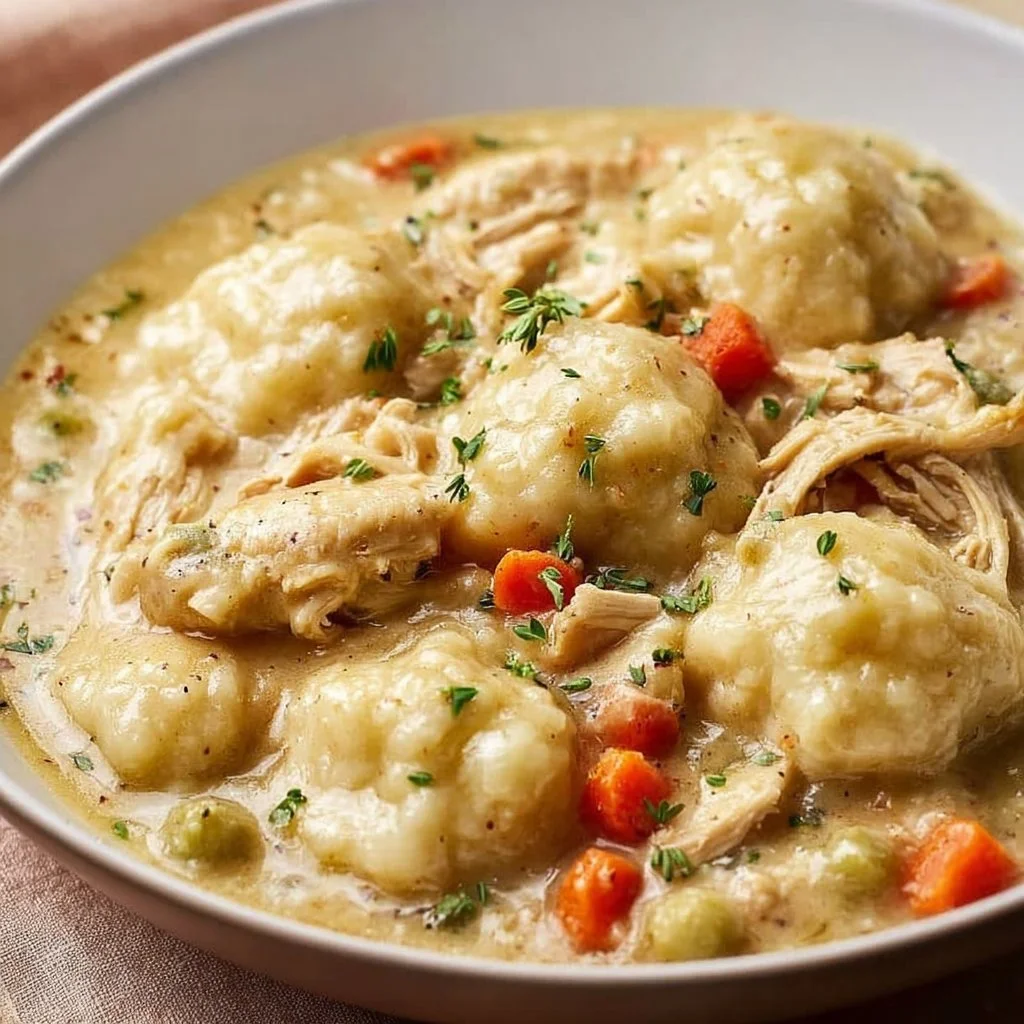 Creamy crockpot chicken and dumplings served in a bowl with herbs
