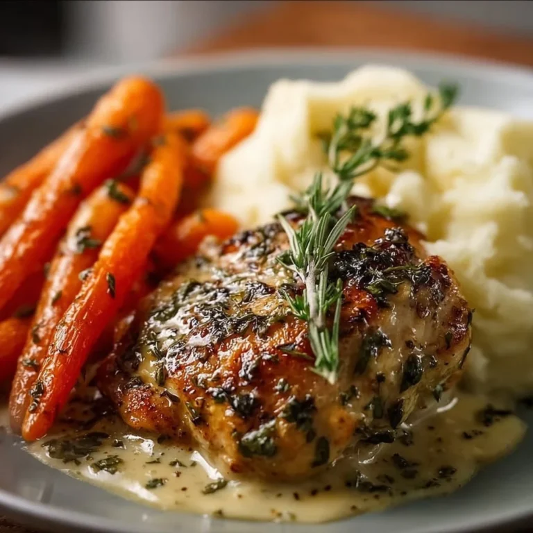 Creamy herb chicken served with mashed potatoes and honey glazed carrots