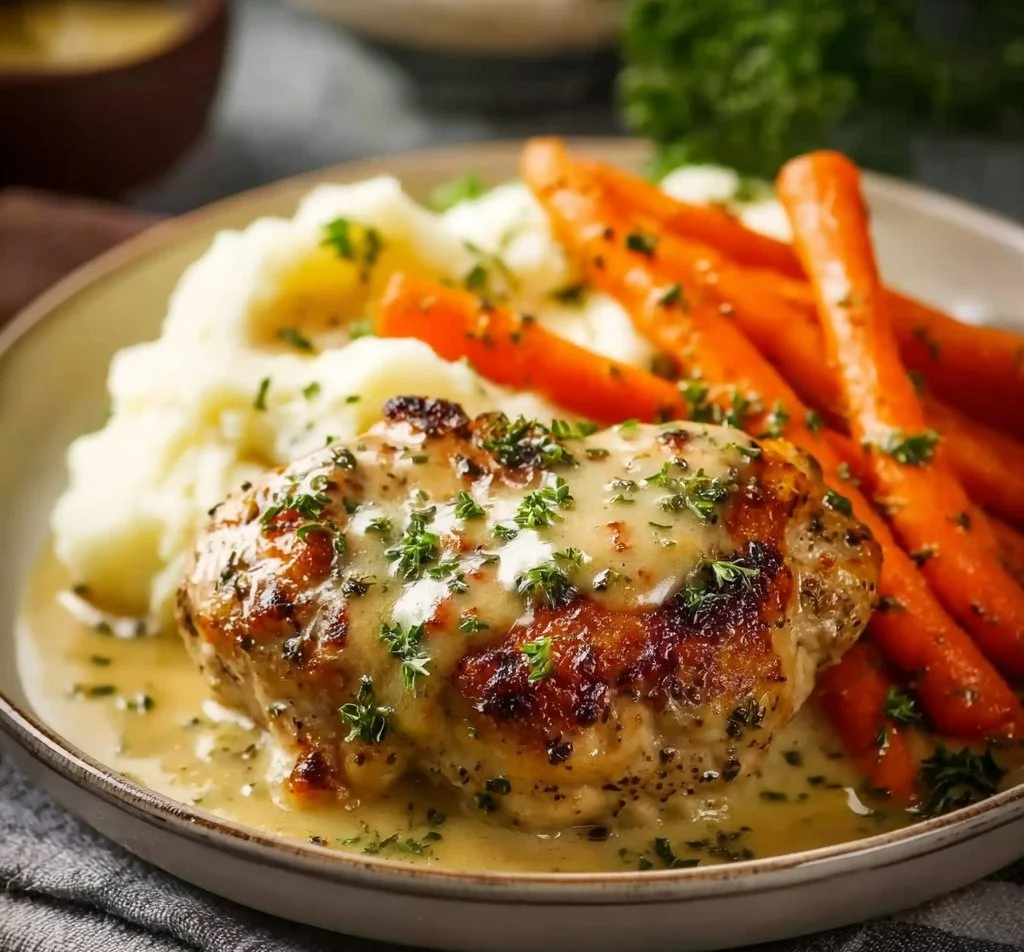 Creamy Herb Chicken with Mashed Potatoes and Honey Glazed Carrots