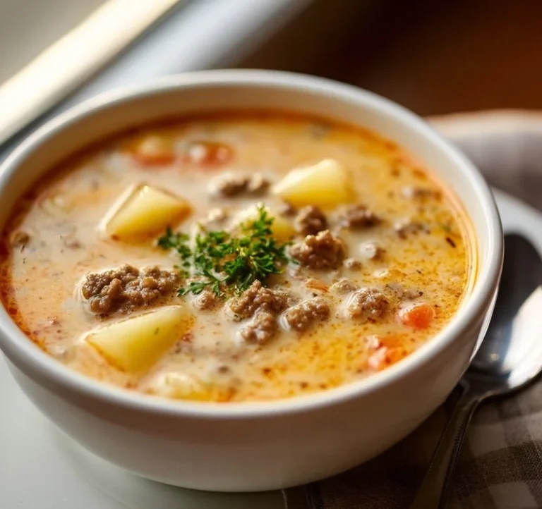 Bowl of creamy potato hamburger soup garnished with herbs and spices