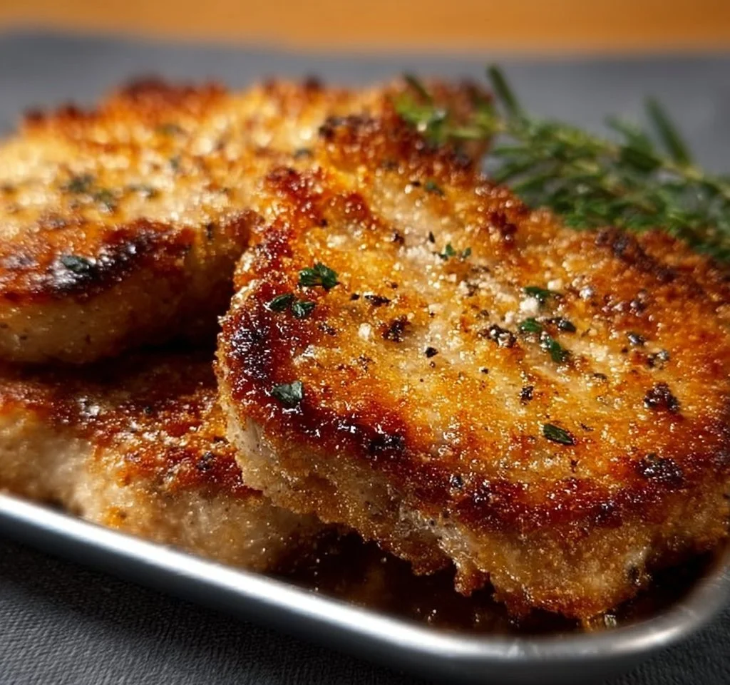 Crispy baked parmesan pork chops served on a plate with fresh herbs